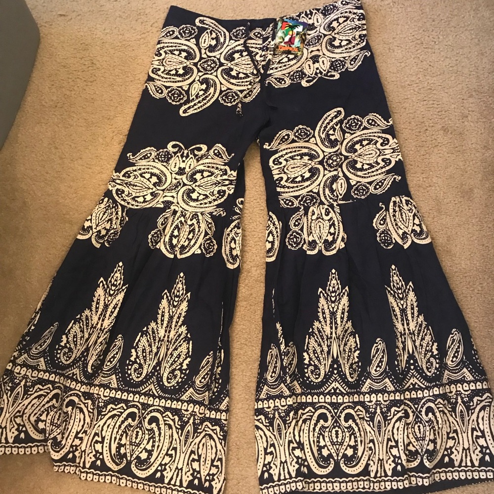 New Boho Chic FESTIVAL Pants Bell Bottoms Paisley Indian Tropical Navy Blue